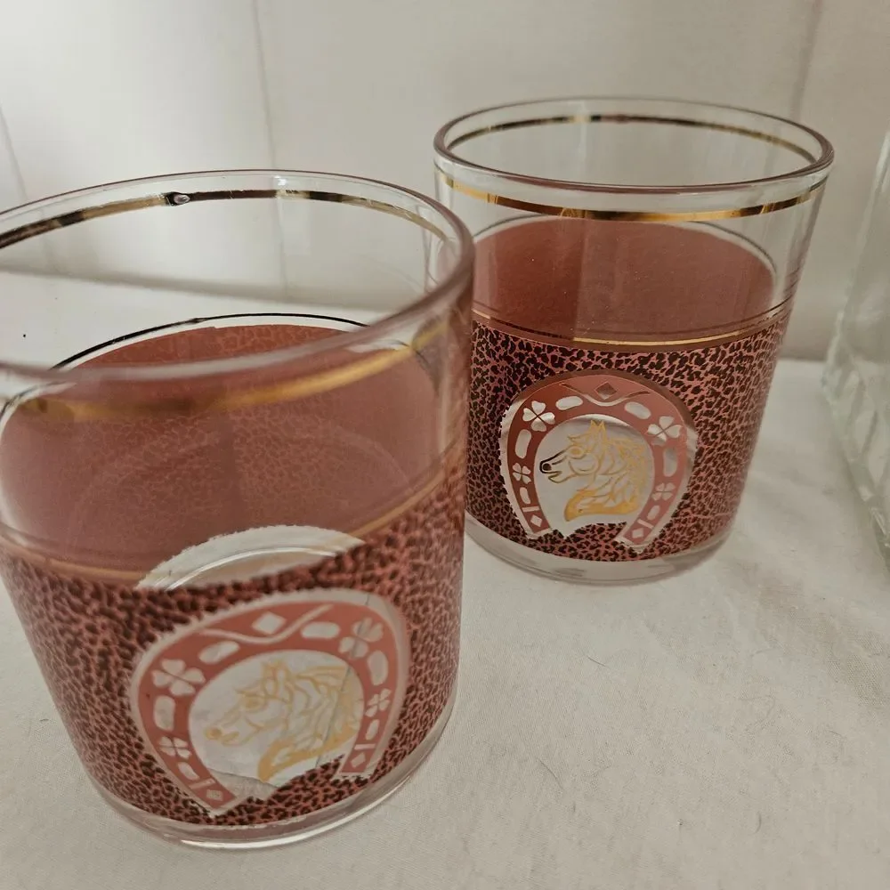 Vintage Glass Decanter‎ Set 4 Matching Burgundy Horse Racing Lo Glasses Barware